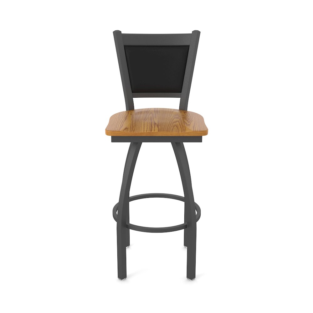 Swivel Bar Stool with Pewter Finish and Medium Oak Seat and Black Vinyl Back. Picture 5