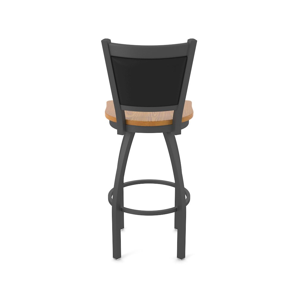 Swivel Bar Stool with Pewter Finish and Medium Oak Seat and Black Vinyl Back. Picture 6