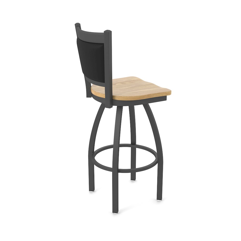 Swivel Bar Stool with Pewter Finish and Natural Oak Seat and Black Vinyl Back. Picture 2