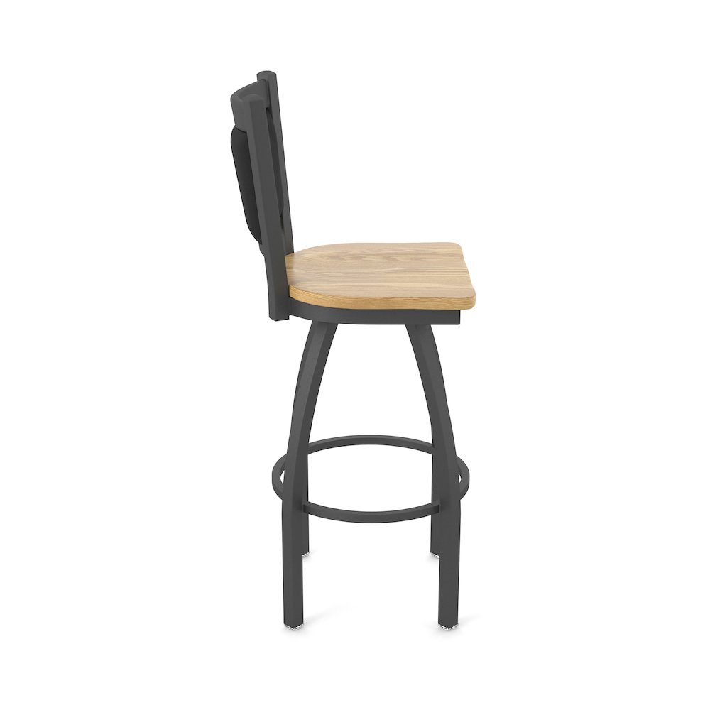 Swivel Bar Stool with Pewter Finish and Natural Oak Seat and Black Vinyl Back. Picture 4