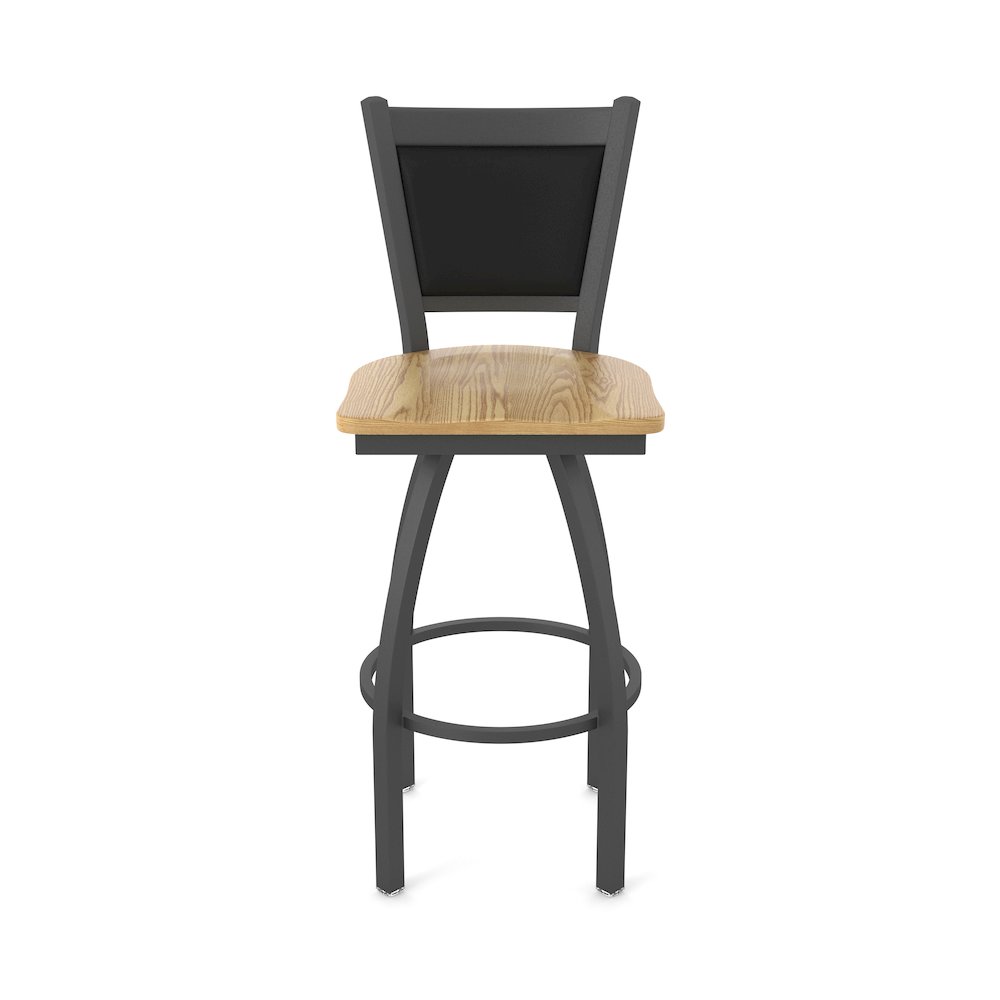 Swivel Bar Stool with Pewter Finish and Natural Oak Seat and Black Vinyl Back. Picture 5