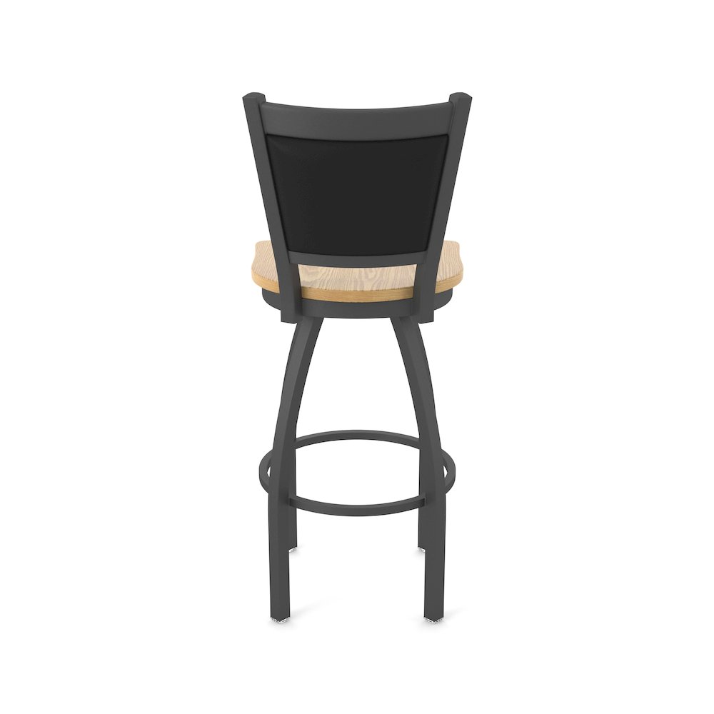 Swivel Bar Stool with Pewter Finish and Natural Oak Seat and Black Vinyl Back. Picture 6