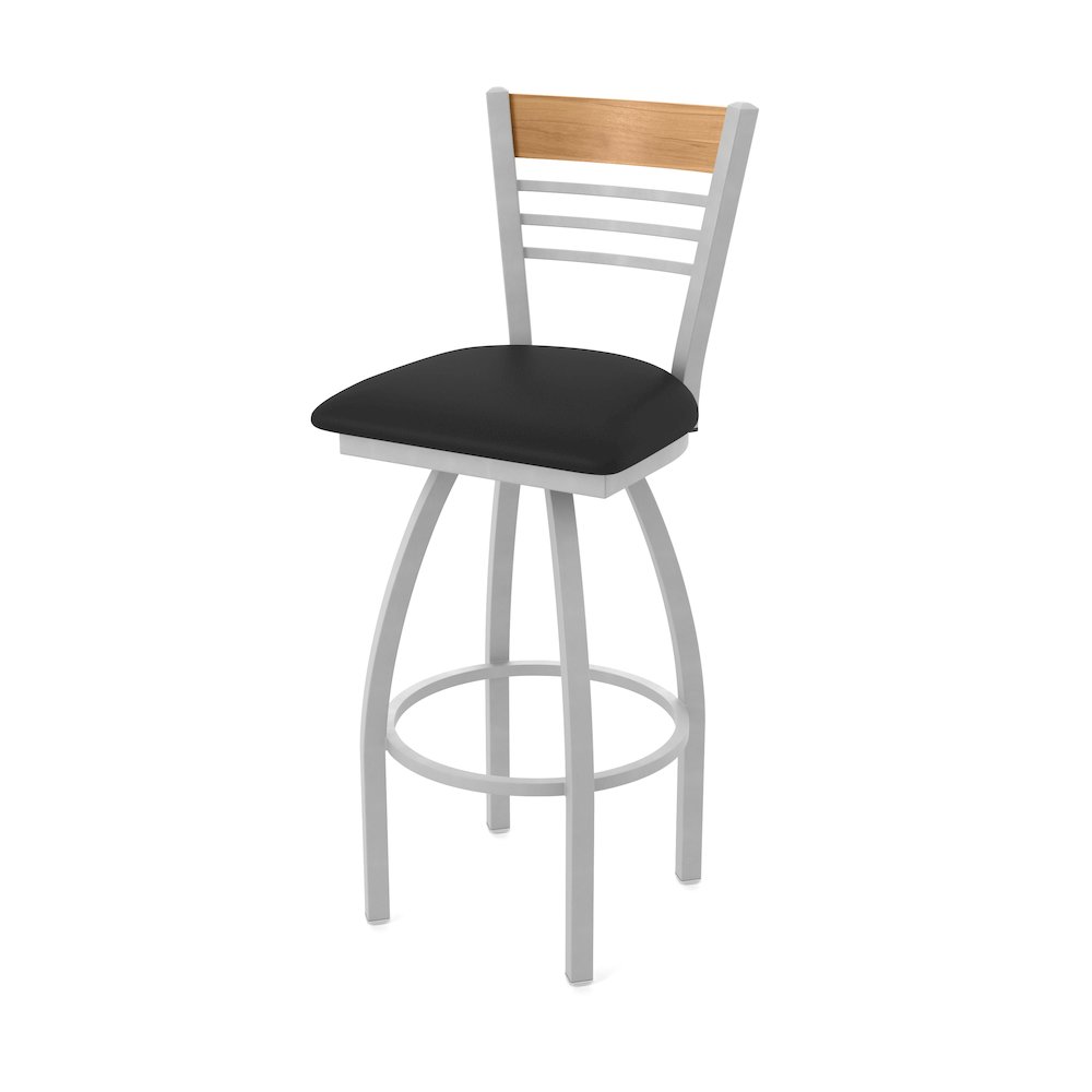 30" Swivel Bar Stool, Anodized Nickel Finish, Medium Back, Black Vinyl Seat. Picture 1