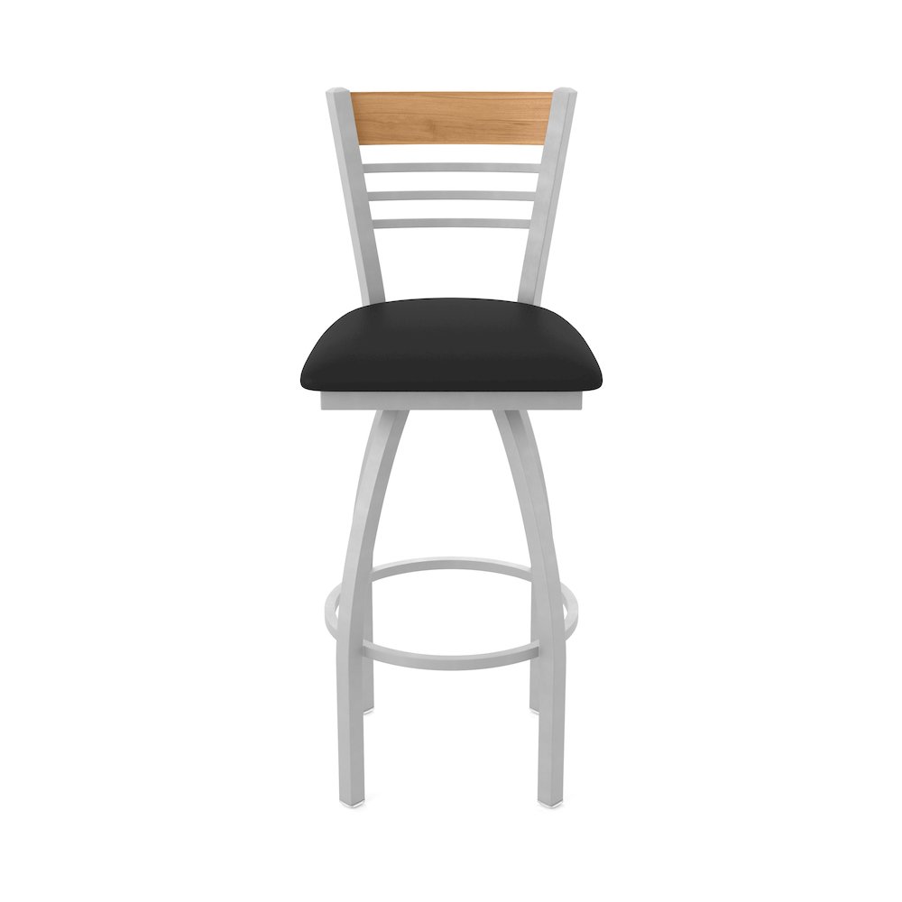 30" Swivel Bar Stool, Anodized Nickel Finish, Medium Back, Black Vinyl Seat. Picture 5
