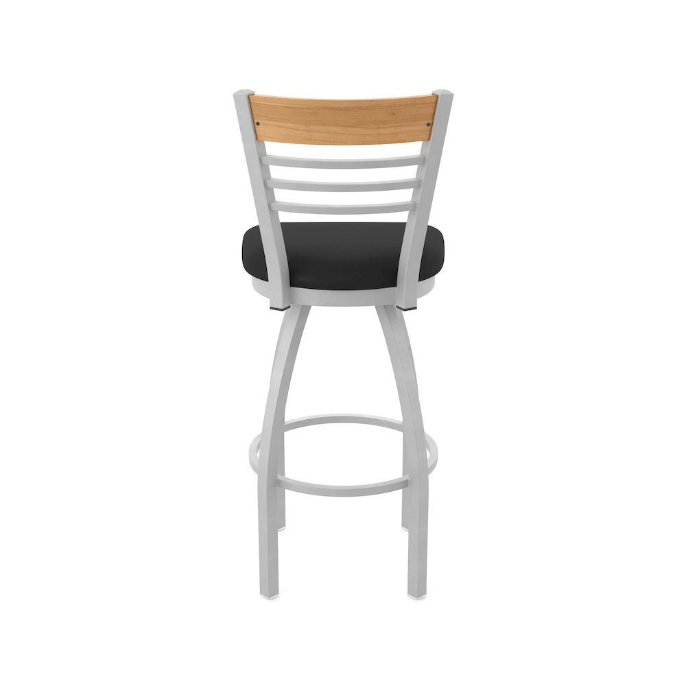 30" Swivel Bar Stool, Anodized Nickel Finish, Medium Back, Black Vinyl Seat. Picture 6