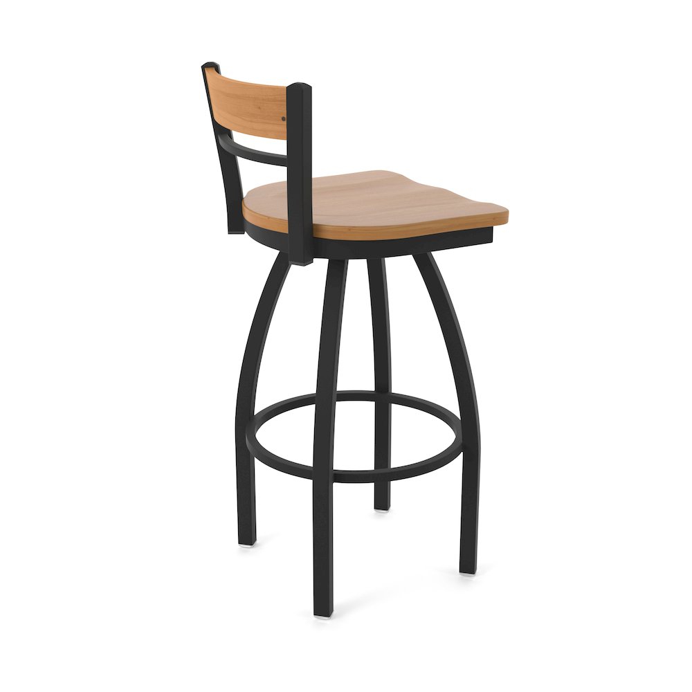 30" Swivel Bar Stool, Black Wrinkle Finish, Medium Back, Medium Maple Seat. Picture 2