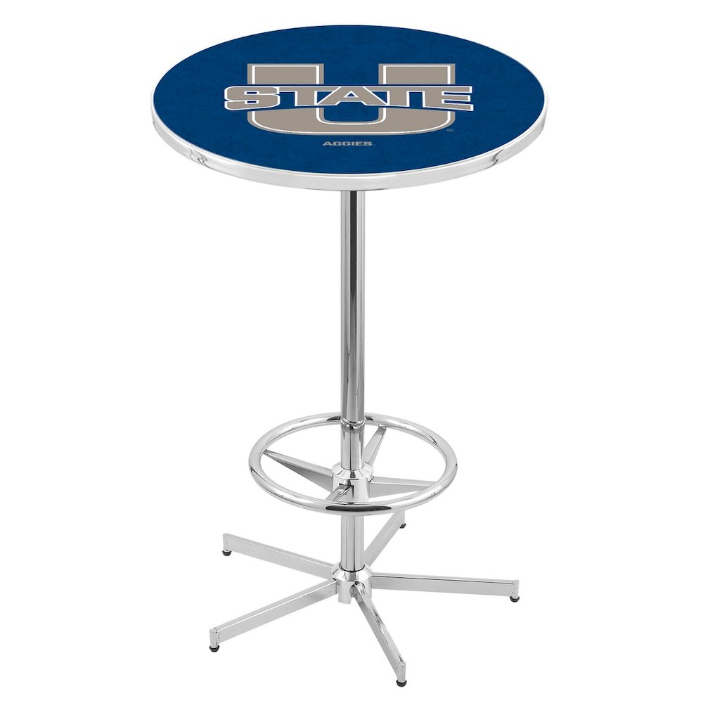 L216 Utah State University 42' Tall - 36' Top Pub Table w/ Chrome Finish. Picture 1