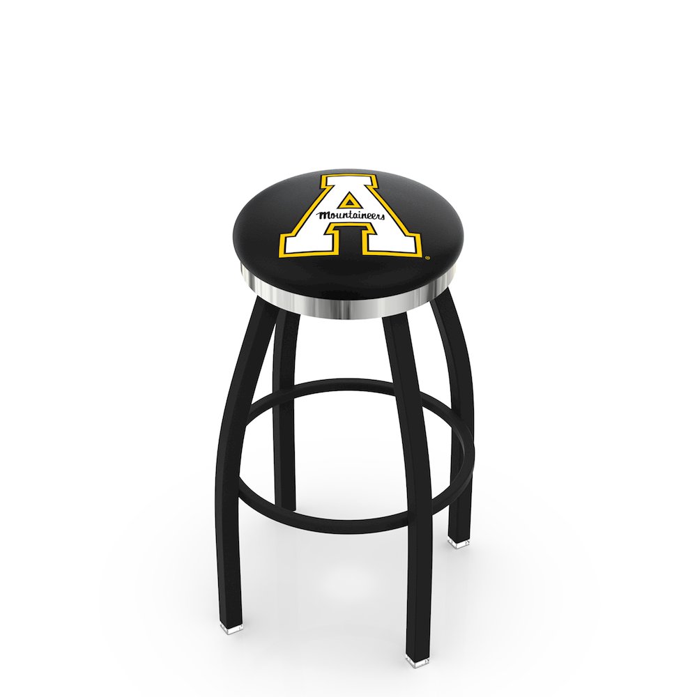 36" L8B2C - Black Wrinkle Appalachian State Swivel Bar Stool with Chrome Accent Ring by Holland Bar Stool Company. Picture 1