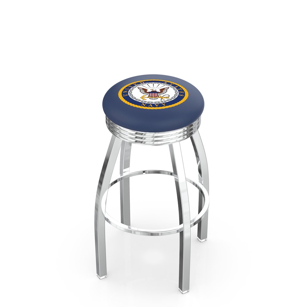 30" L8C3C - Chrome U.S. Navy Swivel Bar Stool with 2.5" Ribbed Accent Ring by Holland Bar Stool Company. Picture 1
