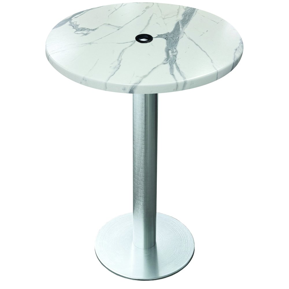 All-Season Table with 36" Diameter White Marble Top with Umbrella Hole. Picture 1