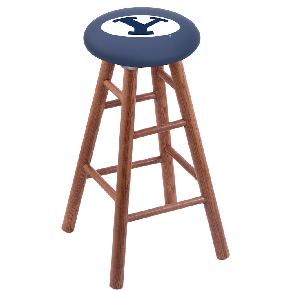 Oak Extra Tall Bar Stool in Medium Finish with Brigham Young Seat. Picture 1