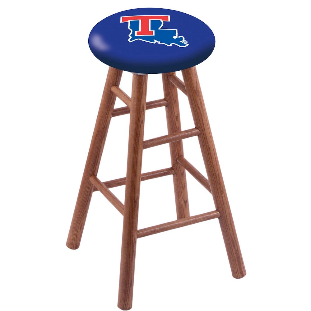 Oak Extra Tall Bar Stool in Medium Finish with Louisiana Tech Seat. Picture 1