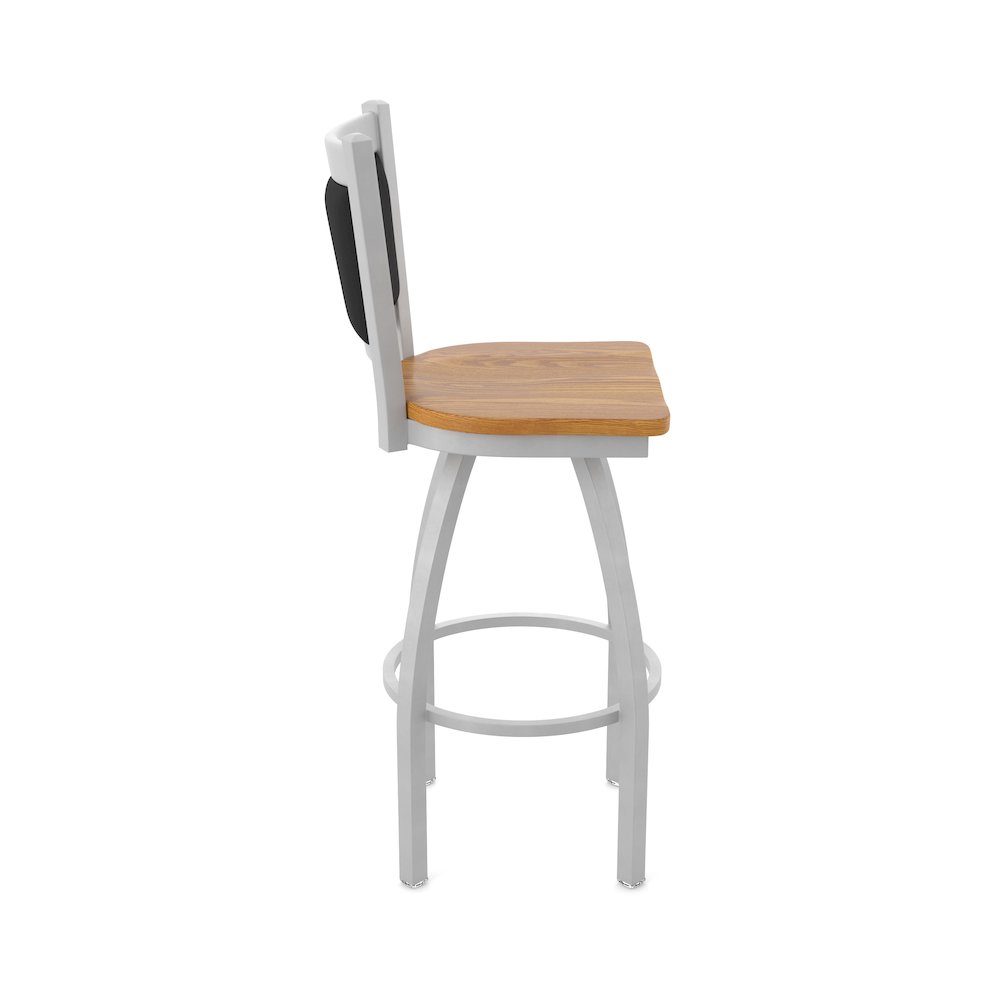 Swivel Bar Stool with Anodized Nickel Finish and Medium Oak Seat and Black Vinyl. Picture 4