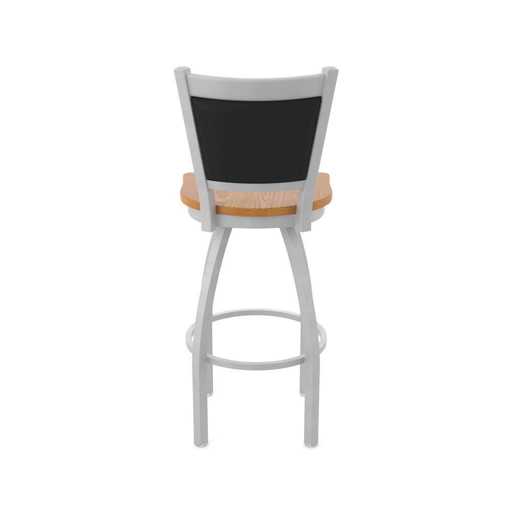 Swivel Bar Stool with Anodized Nickel Finish and Medium Oak Seat and Black Vinyl. Picture 6