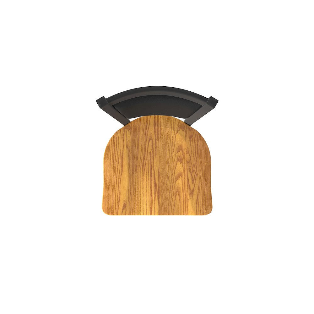 Swivel Bar Stool with Black Wrinkle Finish and Medium Oak Seat and Black Vinyl. Picture 3