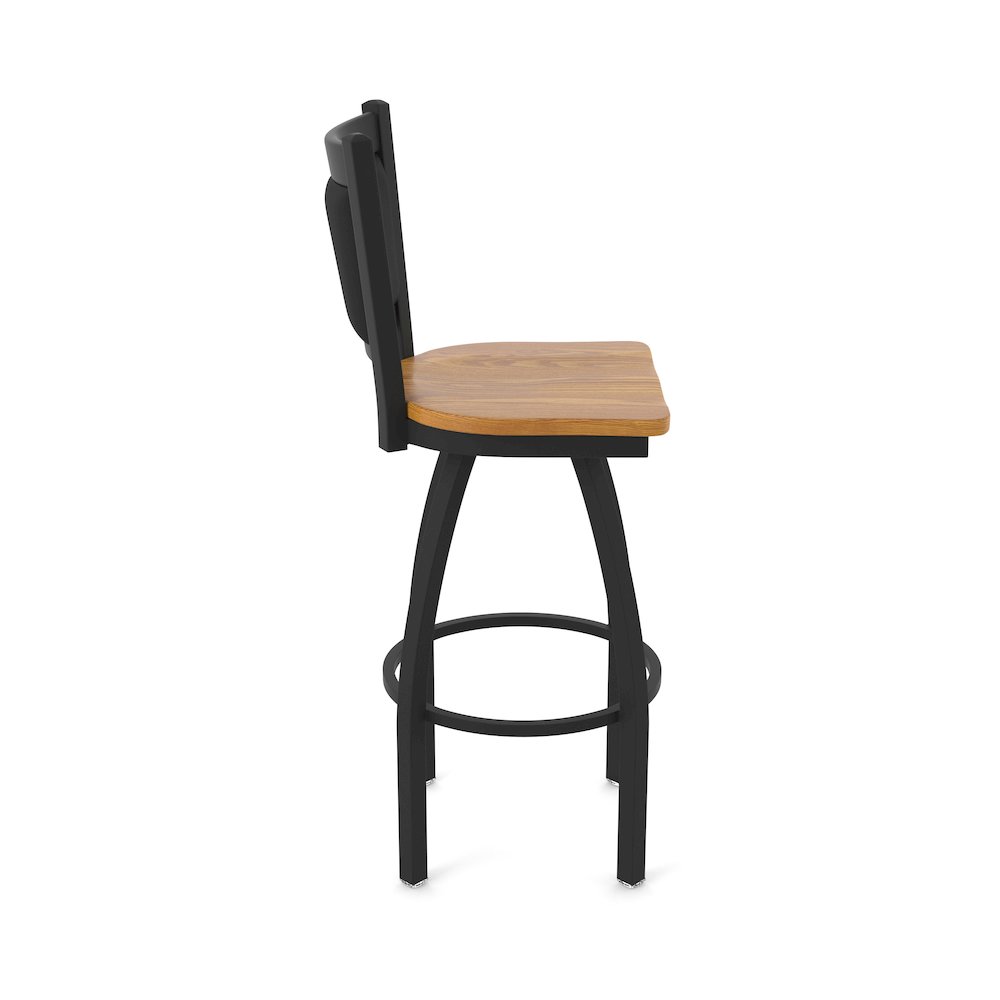 Swivel Bar Stool with Black Wrinkle Finish and Medium Oak Seat and Black Vinyl. Picture 4