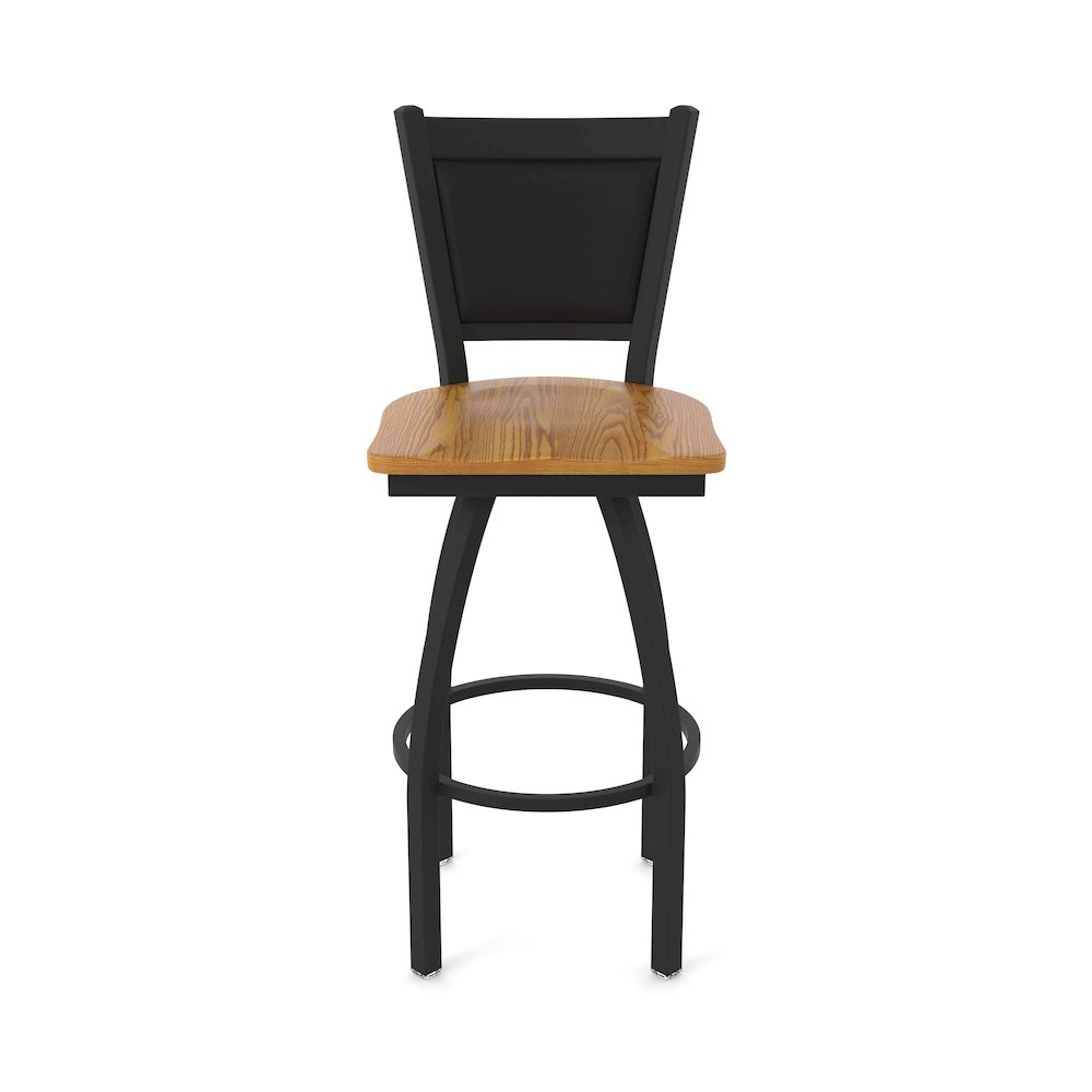 Swivel Bar Stool with Black Wrinkle Finish and Medium Oak Seat and Black Vinyl. Picture 5