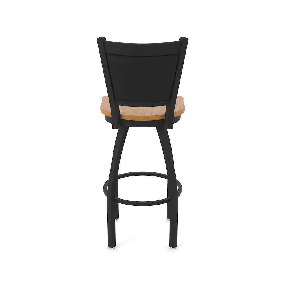 Swivel Bar Stool with Black Wrinkle Finish and Medium Oak Seat and Black Vinyl. Picture 6