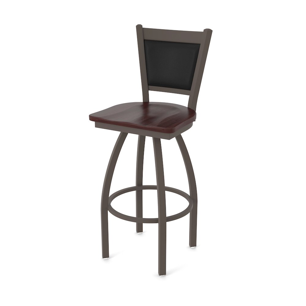 Swivel Bar Stool with Bronze Finish and Dark Cherry Maple Seat and Black Vinyl. Picture 1