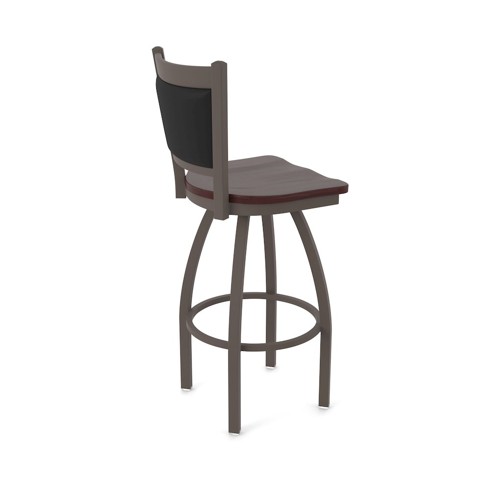Swivel Bar Stool with Bronze Finish and Dark Cherry Maple Seat and Black Vinyl. Picture 2