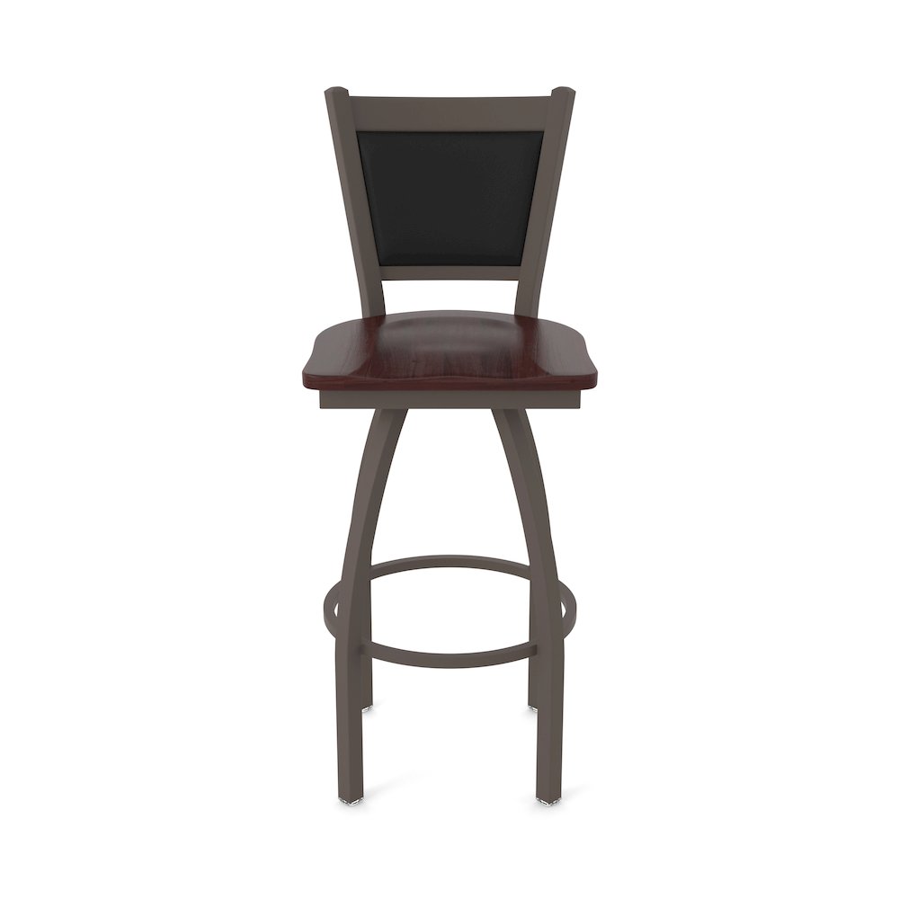 Swivel Bar Stool with Bronze Finish and Dark Cherry Maple Seat and Black Vinyl. Picture 5