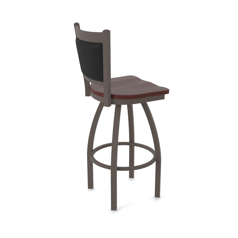 Swivel Bar Stool with Bronze Finish and Dark Cherry Oak Seat and Black Vinyl. Picture 2