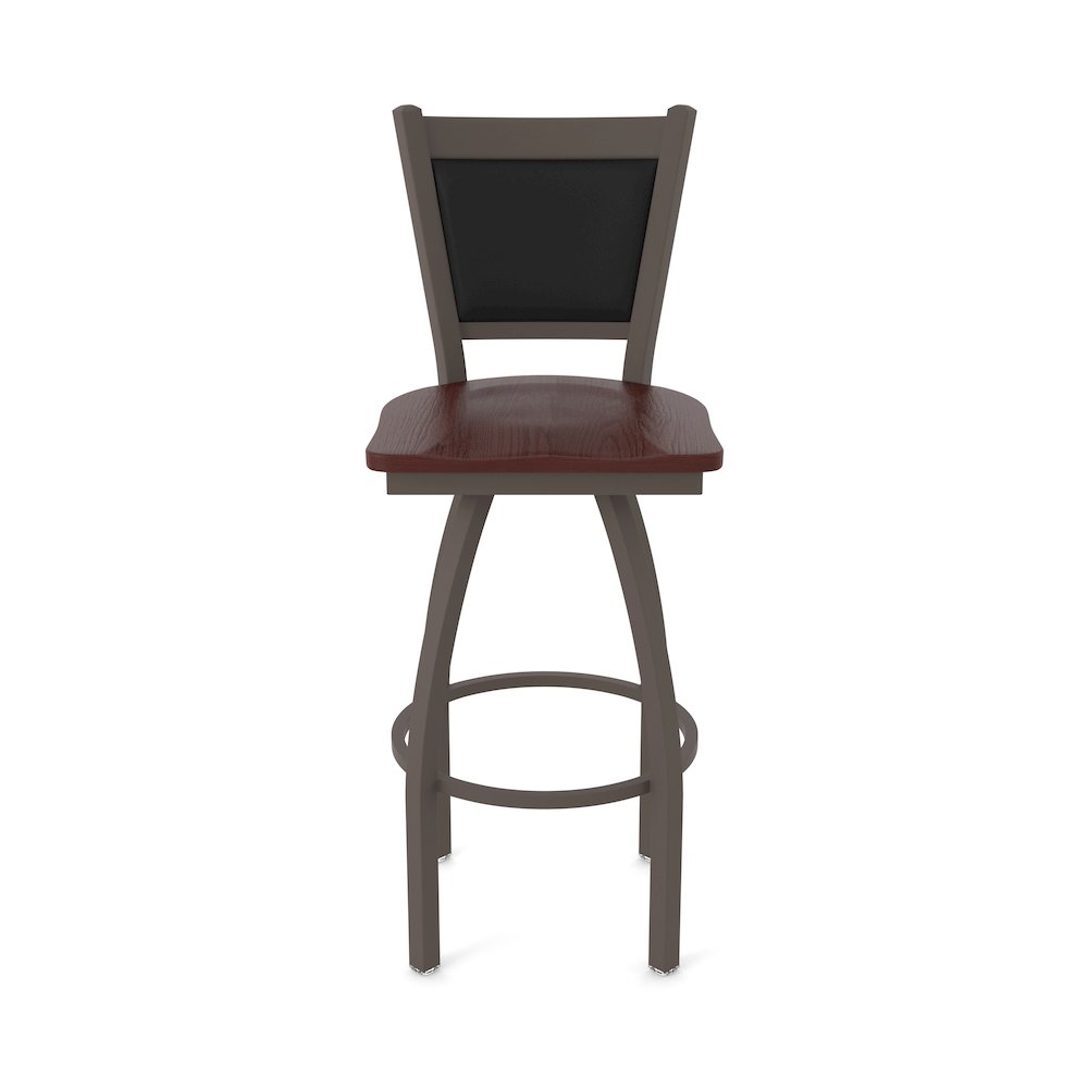 Swivel Bar Stool with Bronze Finish and Dark Cherry Oak Seat and Black Vinyl. Picture 5