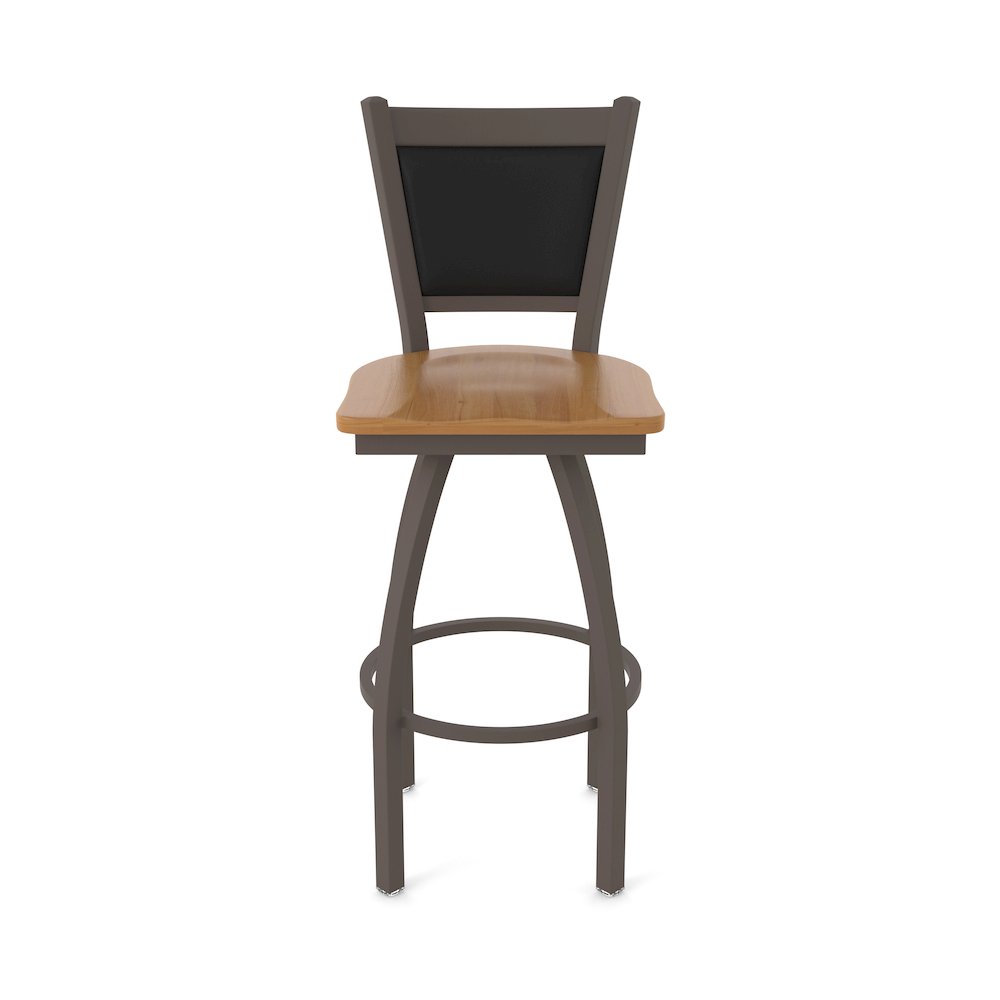 Swivel Bar Stool with Bronze Finish and Medium Maple Seat and Black Vinyl Back. Picture 5