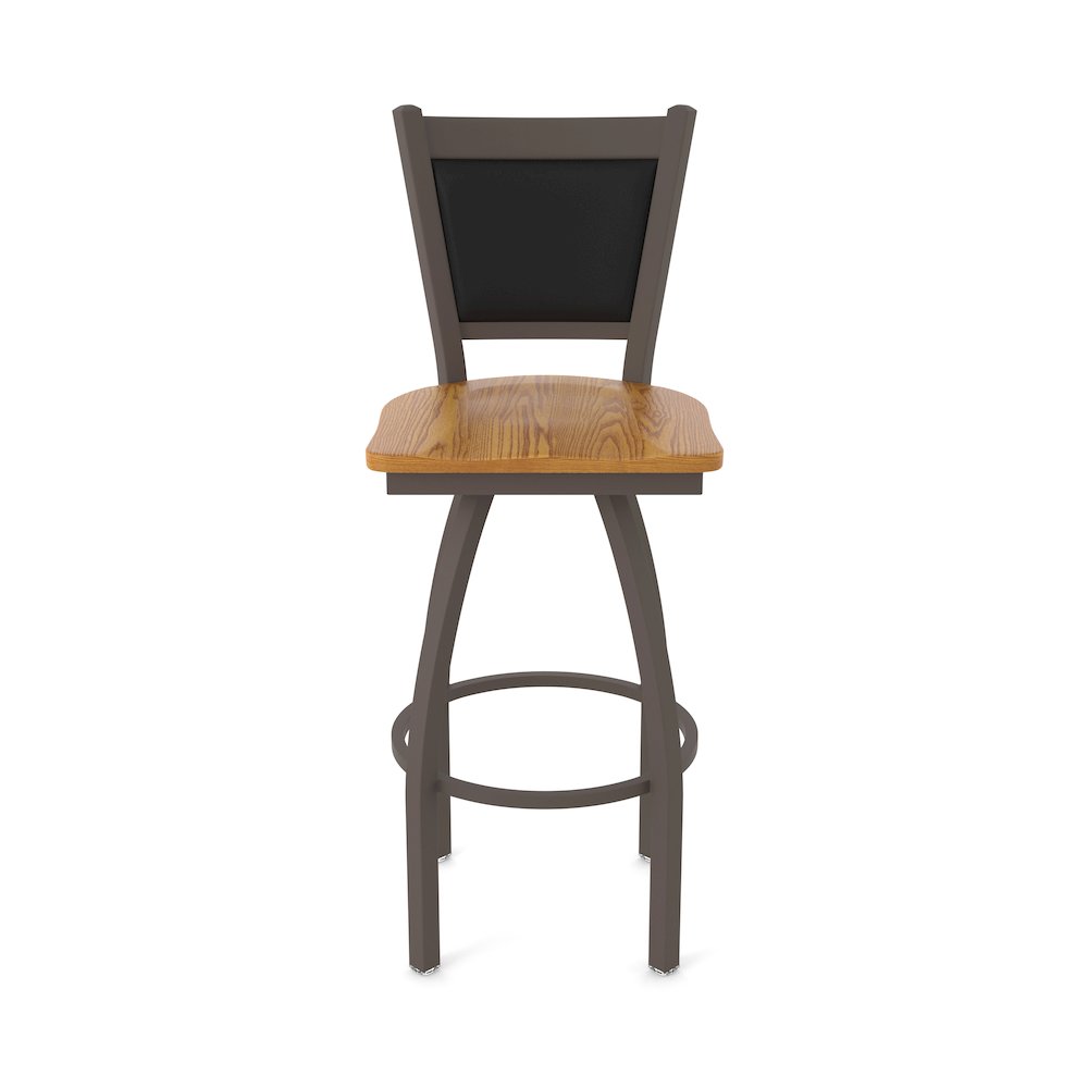 Swivel Bar Stool with Bronze Finish and Medium Oak Seat and Black Vinyl Back. Picture 5