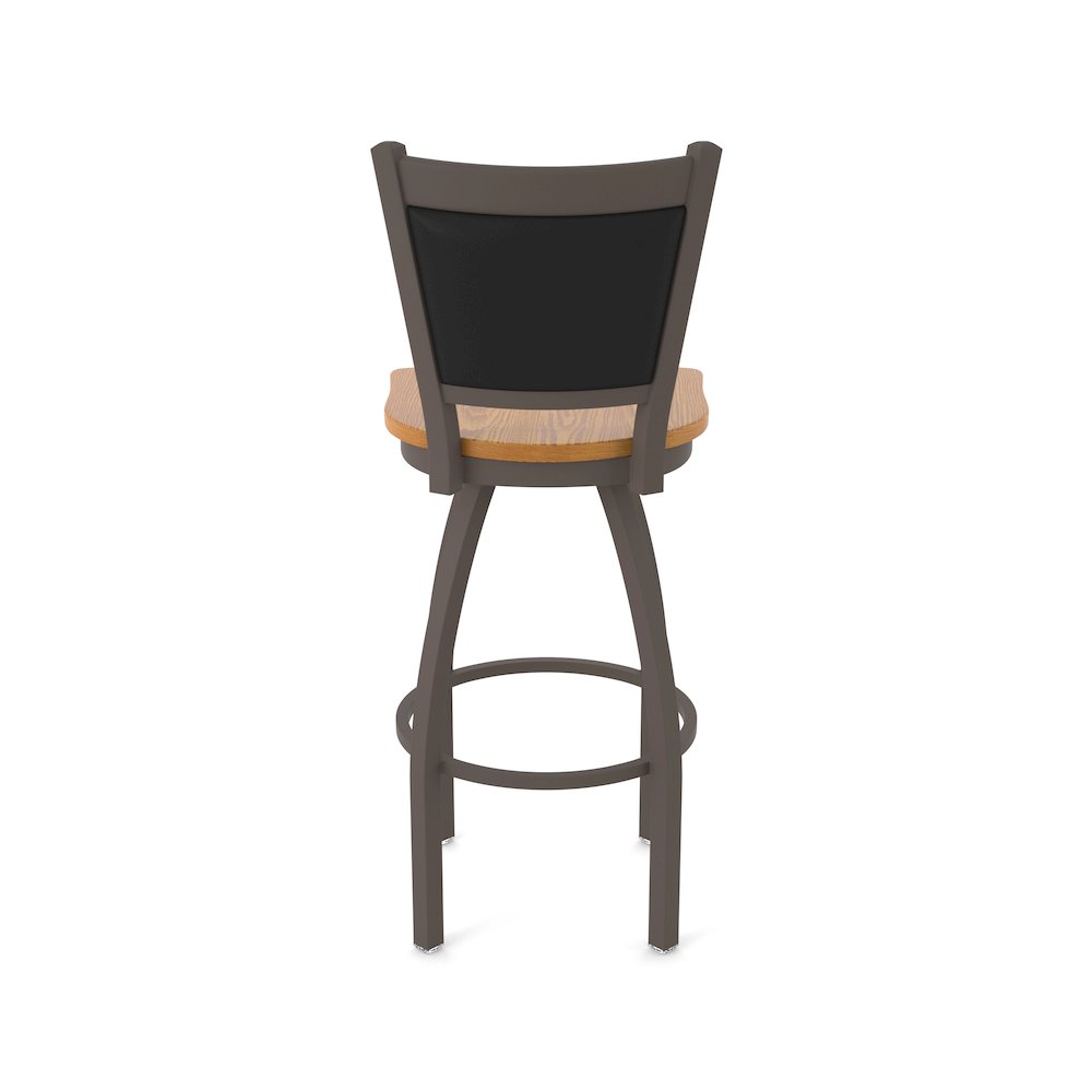 Swivel Bar Stool with Bronze Finish and Medium Oak Seat and Black Vinyl Back. Picture 6