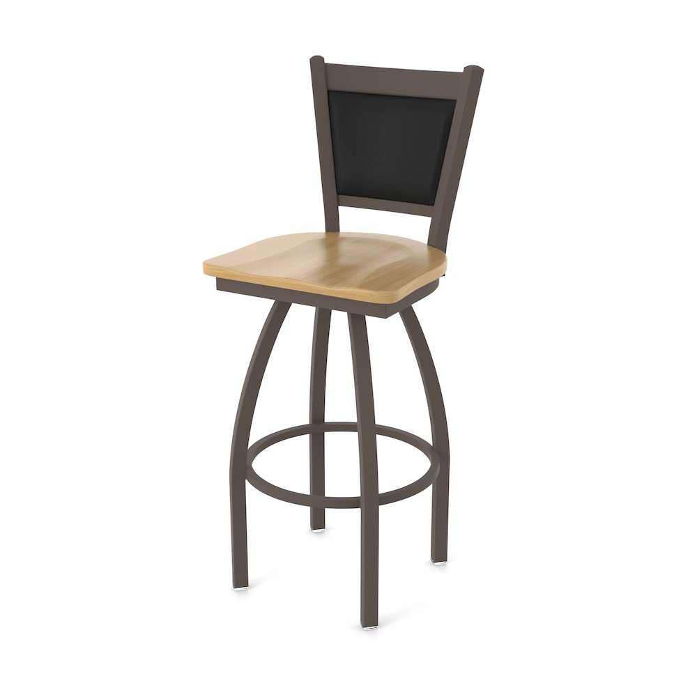 Swivel Bar Stool with Bronze Finish and Natural Maple Seat and Black Vinyl Back. Picture 1