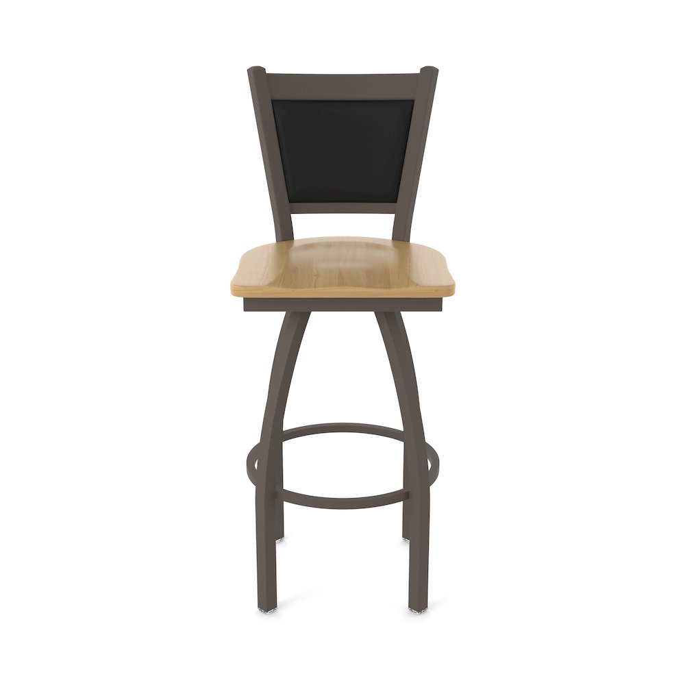 Swivel Bar Stool with Bronze Finish and Natural Maple Seat and Black Vinyl Back. Picture 5