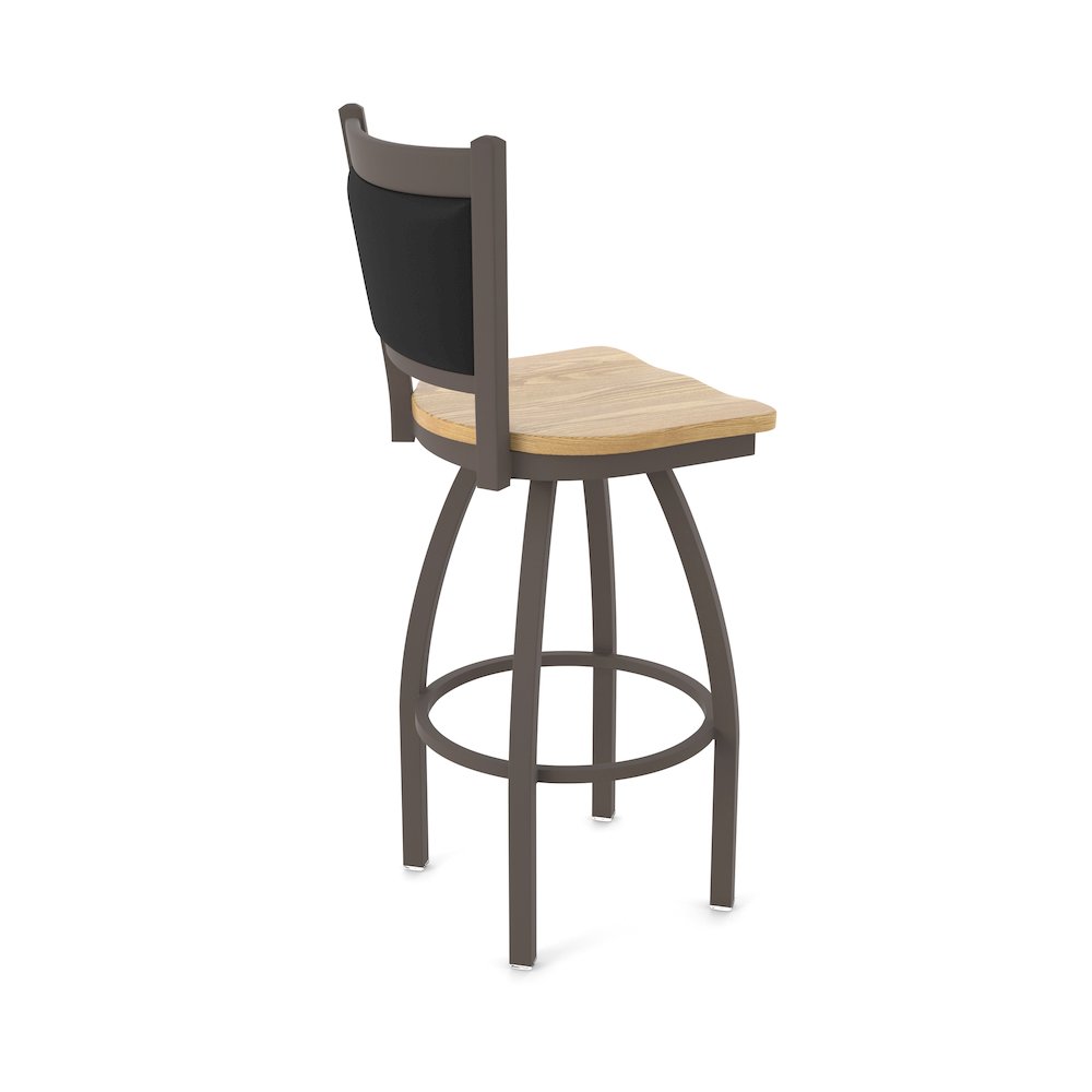 Swivel Bar Stool with Bronze Finish and Natural Oak Seat and Black Vinyl Back. Picture 2