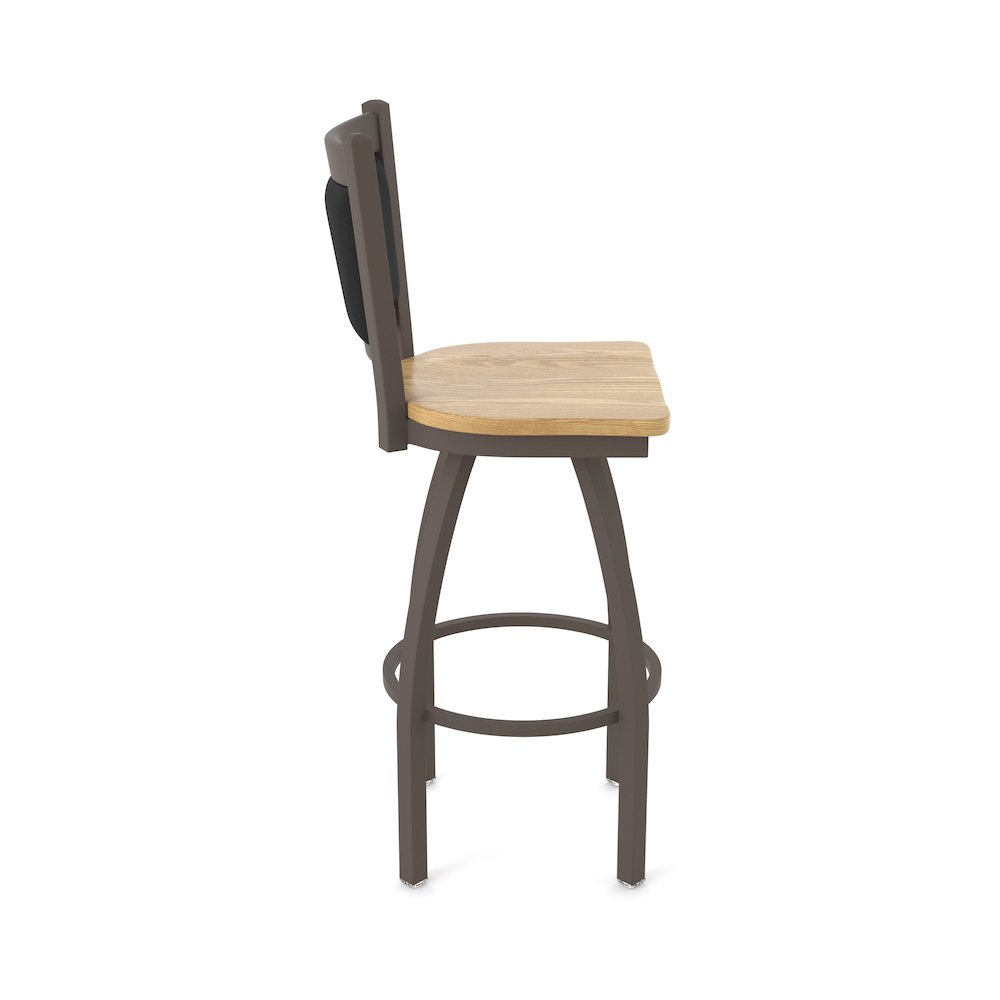 Swivel Bar Stool with Bronze Finish and Natural Oak Seat and Black Vinyl Back. Picture 4