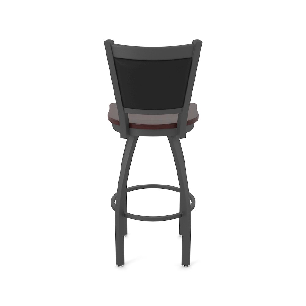 Swivel Bar Stool with Pewter Finish and Dark Cherry Maple Seat and Black Vinyl. Picture 6