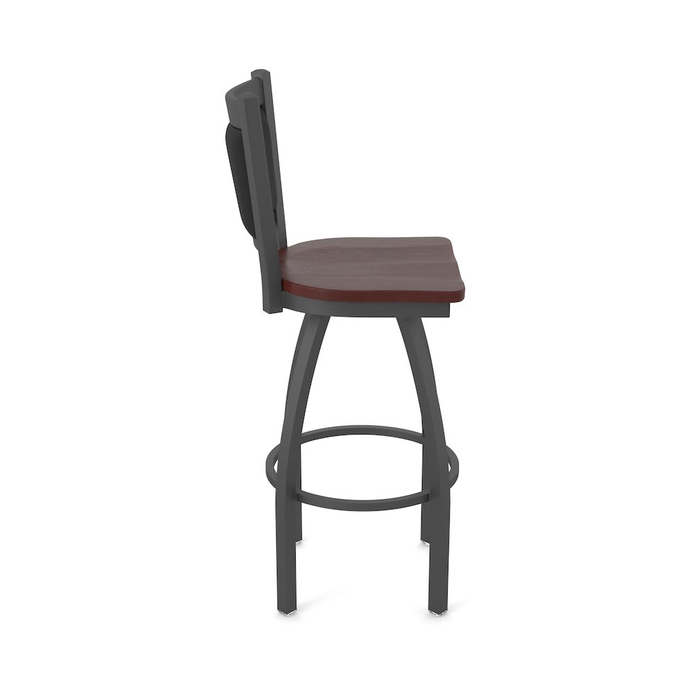 Swivel Bar Stool with Pewter Finish and Dark Cherry Oak Seat and Black Vinyl. Picture 4