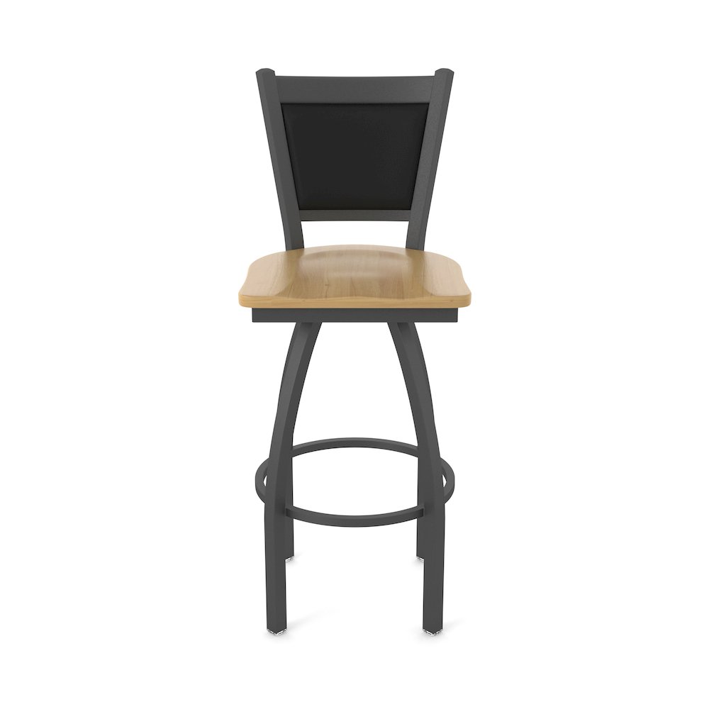 Swivel Bar Stool with Pewter Finish and Natural Maple Seat and Black Vinyl Back. Picture 5