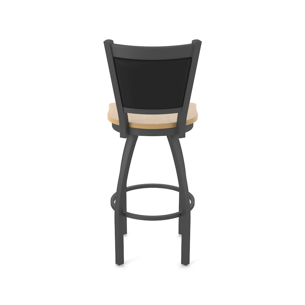 Swivel Bar Stool with Pewter Finish and Natural Maple Seat and Black Vinyl Back. Picture 6