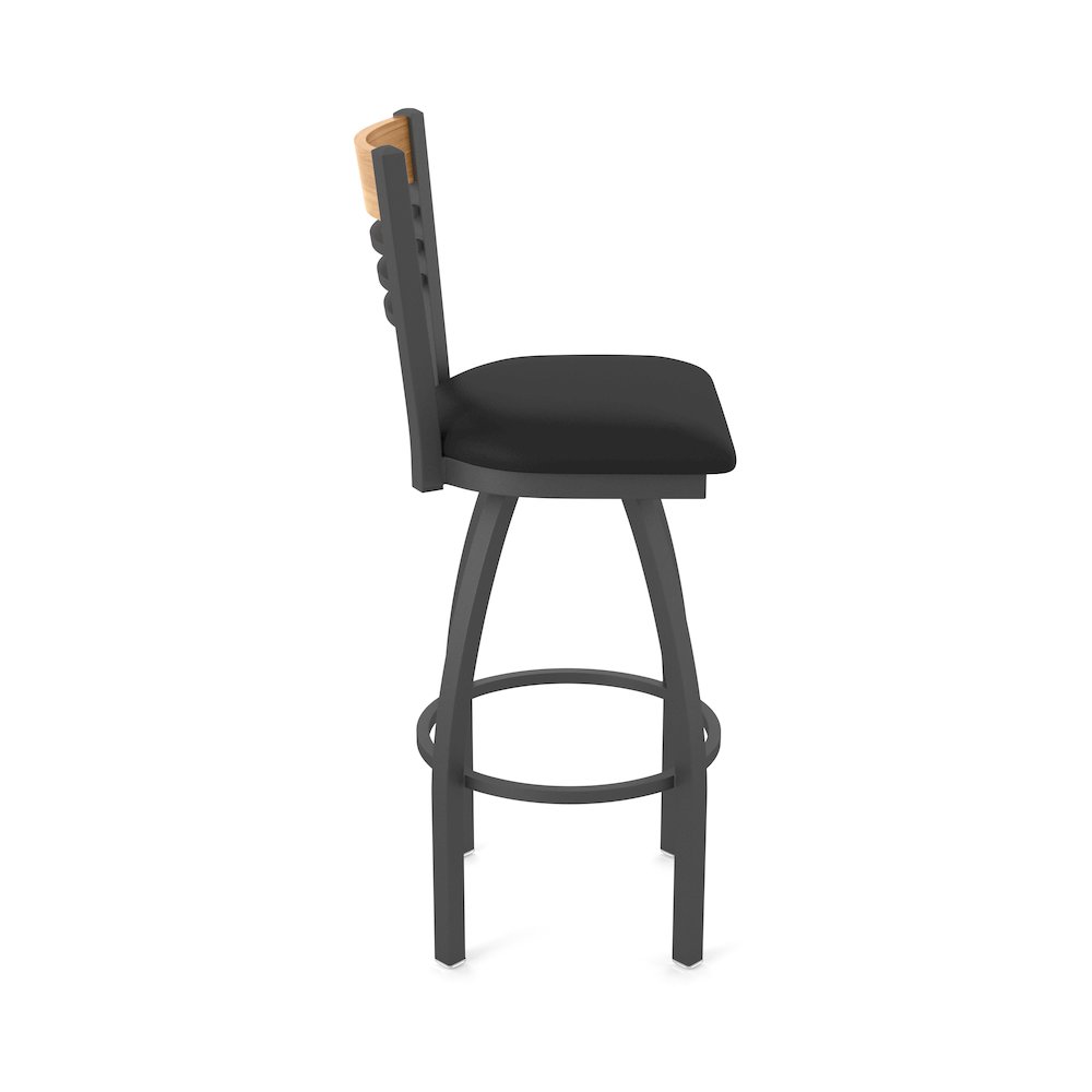 36" Swivel Extra Tall Bar Stool, Pewter Finish, Medium Back, Black Vinyl Seat. Picture 4