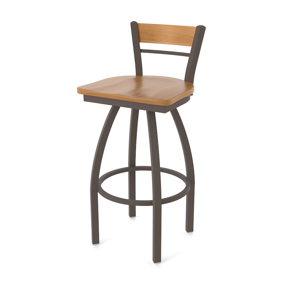36" Swivel Extra Tall Bar Stool, Bronze Finish, Medium Back, Medium Maple Seat. Picture 1