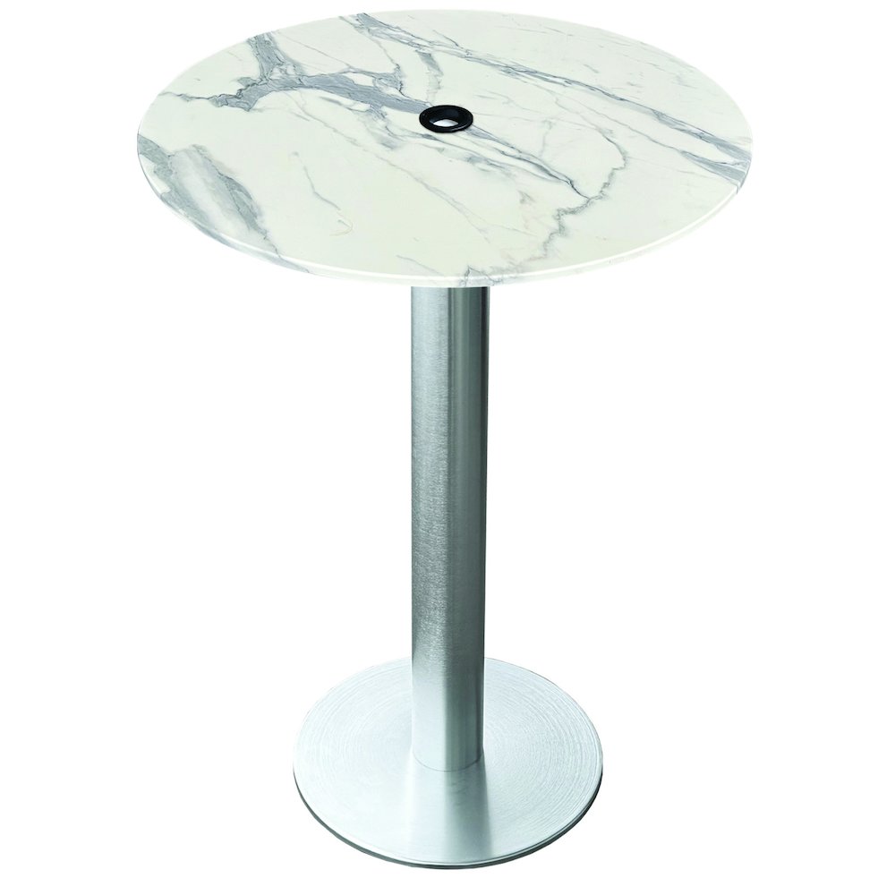 All-Season Table with 36" Diameter White Marble Top with Umbrella Hole. Picture 1