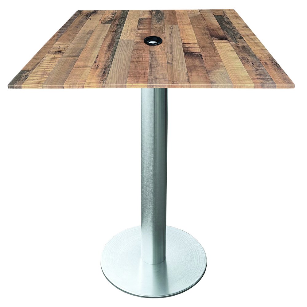 All-Season Table with 32" x 32" Square Rustic Top with Umbrella Hole. Picture 1