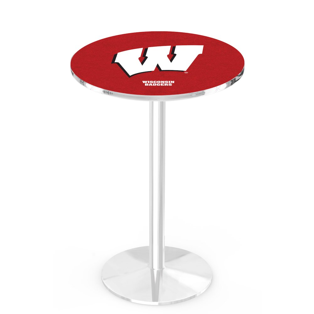 L214 University of Wisconsin (W)  42' Tall - 36' Top Pub Table w/ Chrome Finish. Picture 1