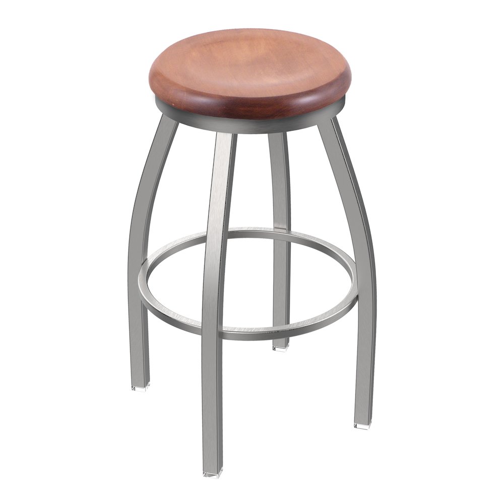 802 Misha Stainless Steel 36" Swivel Bar Stool with Medium Maple Seat. Picture 1