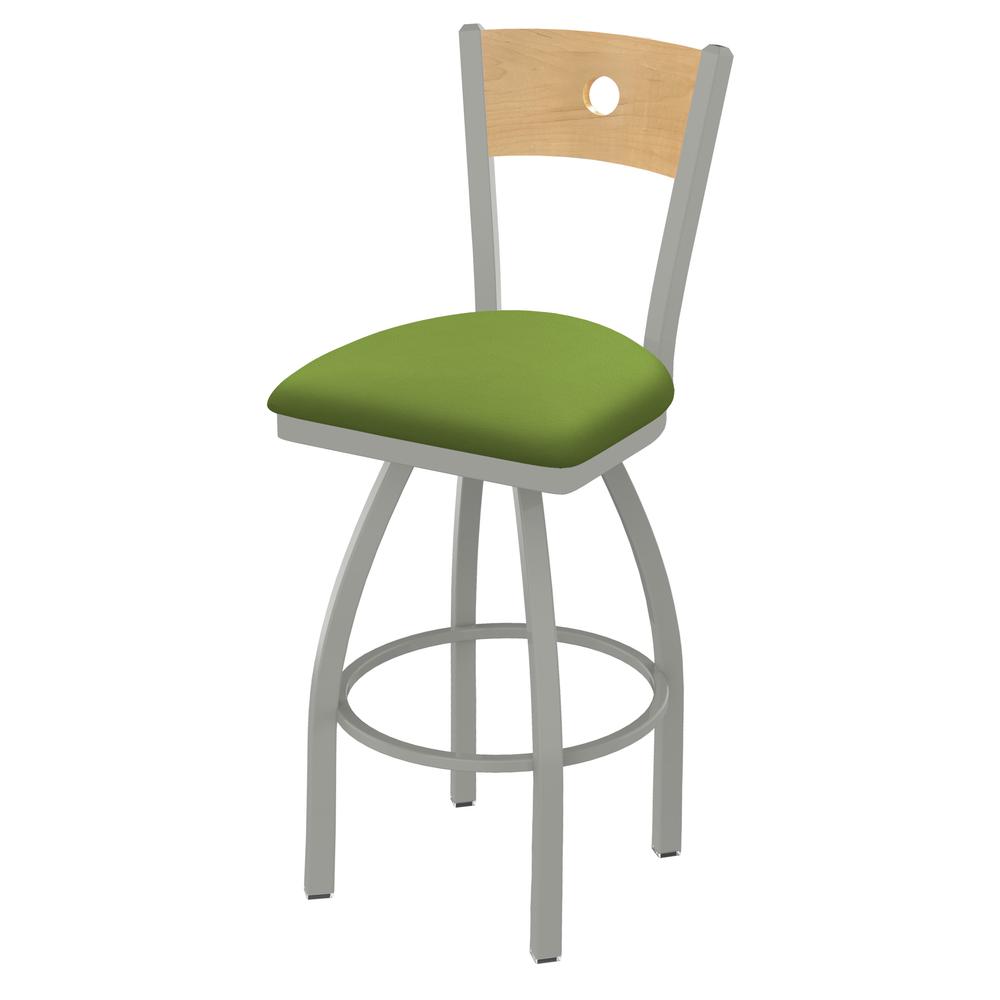 830 Voltaire 36" Swivel Counter Stool with Anodized Nickel Finish, Natural Back, and Canter Kiwi Green Seat. Picture 1