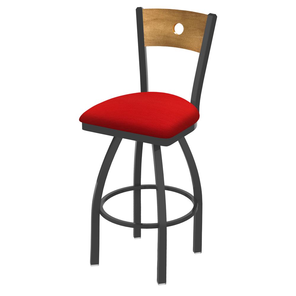 830 Voltaire 25" Swivel Counter Stool with Pewter Finish, Medium Back, and Canter Red Seat. Picture 1