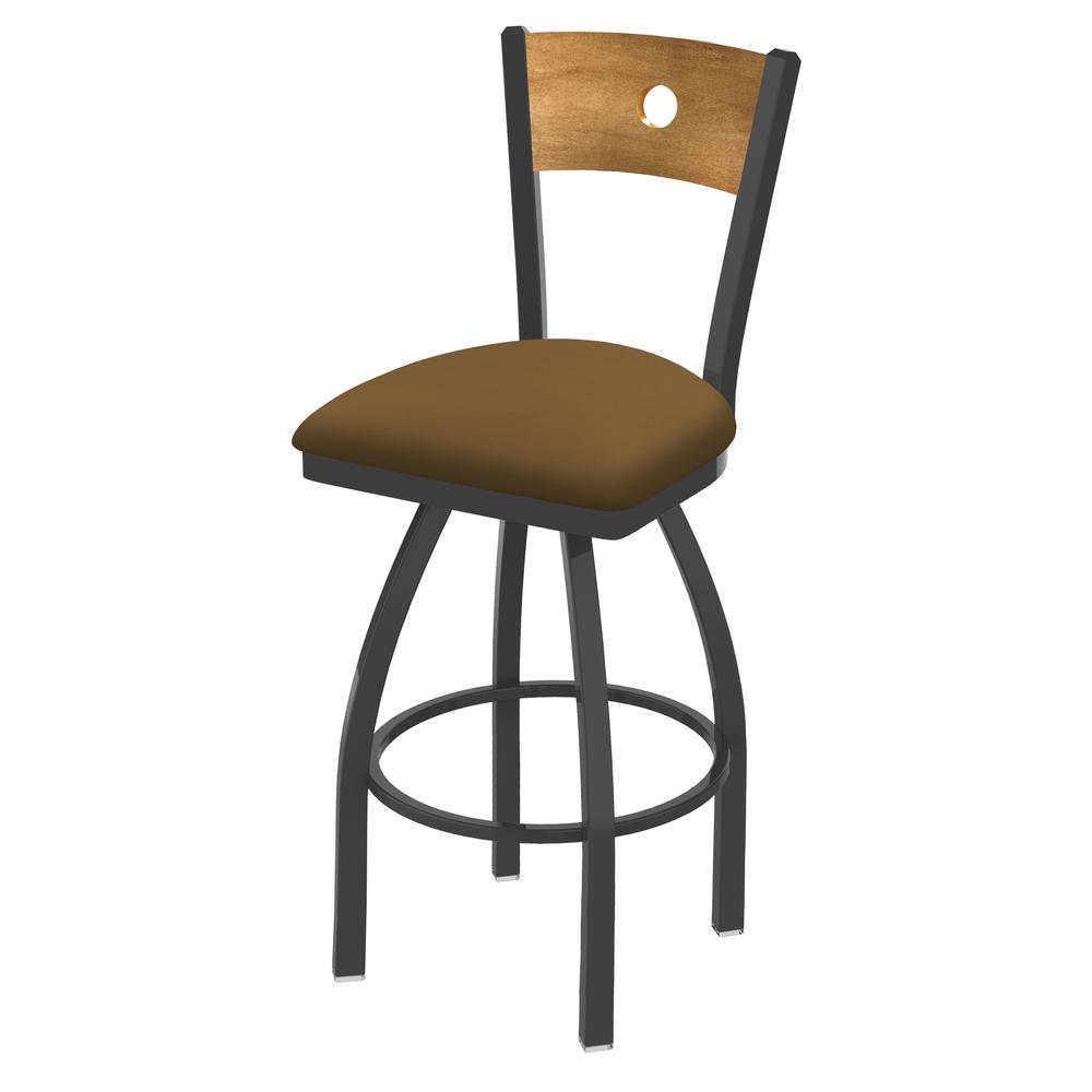 830 Voltaire 25" Swivel Counter Stool with Pewter Finish, Medium Back, and Canter Saddle Seat. Picture 1