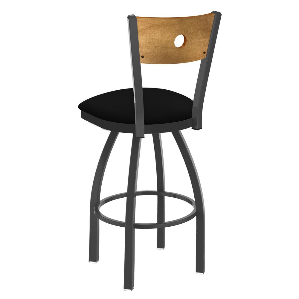 830 Voltaire 25" Swivel Counter Stool with Pewter Finish, Medium Back, and Black Vinyl Seat. Picture 2