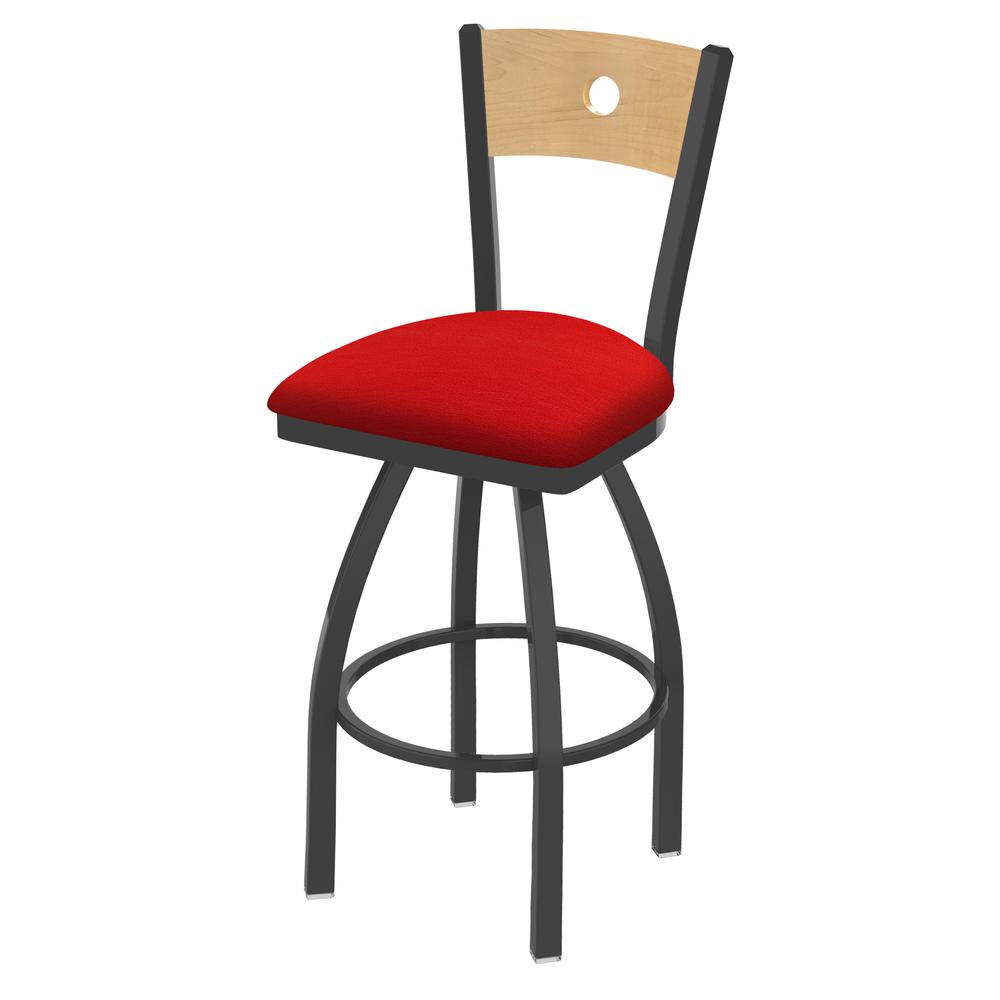 830 Voltaire 25" Swivel Counter Stool with Pewter Finish, Natural Back, and Canter Red Seat. Picture 1