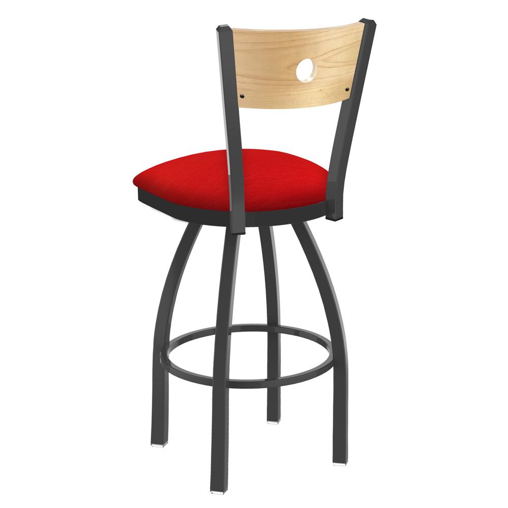 830 Voltaire 25" Swivel Counter Stool with Pewter Finish, Natural Back, and Canter Red Seat. Picture 2